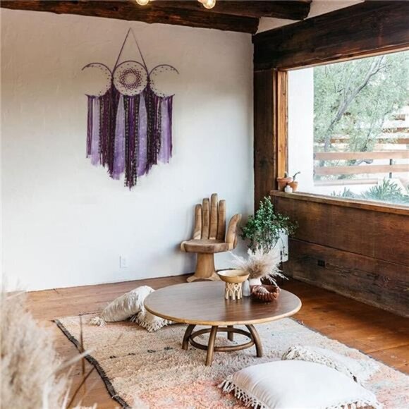 Purple Triple Moon Goddess Macrame Wall Hanging, Boho Crescent Dream Catcher - Picture 7 of 8